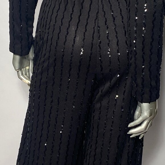 Amazing Disco 1970s Black Sequin Belted Bell Bottom Jumpsuit By Lee Jordan - Picture 4 of 6